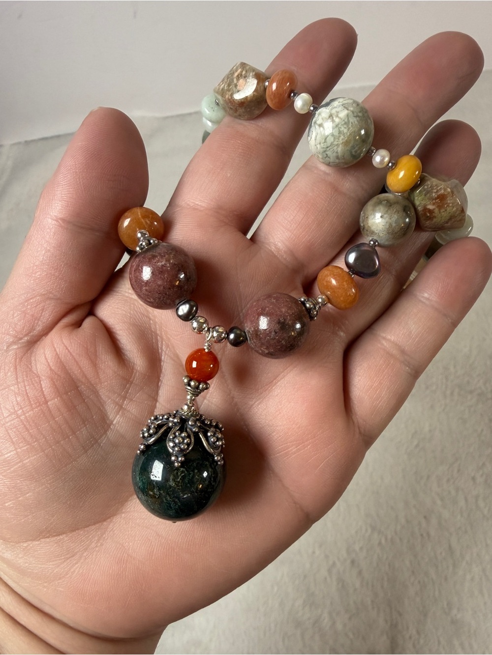 Jasper & gemstone beaded pendant necklace multi-strand handmade artisan jewelry